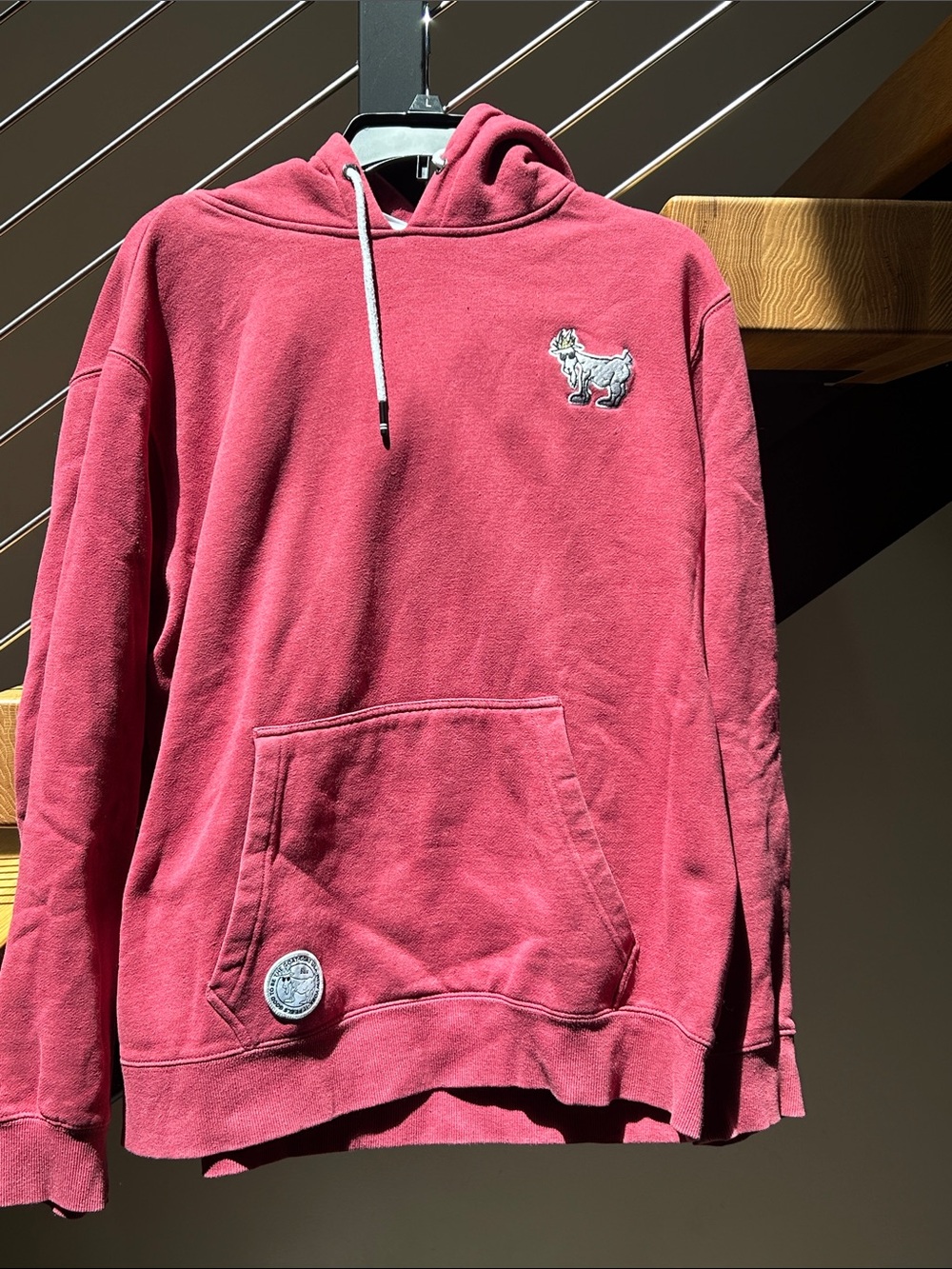 Men's Washed Dark Pink Pullover Hoodie with Goat Patch